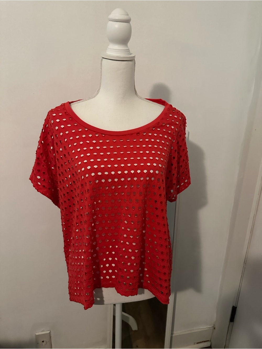 Cato Red Crochet Eyelet Short Sleeve Tee